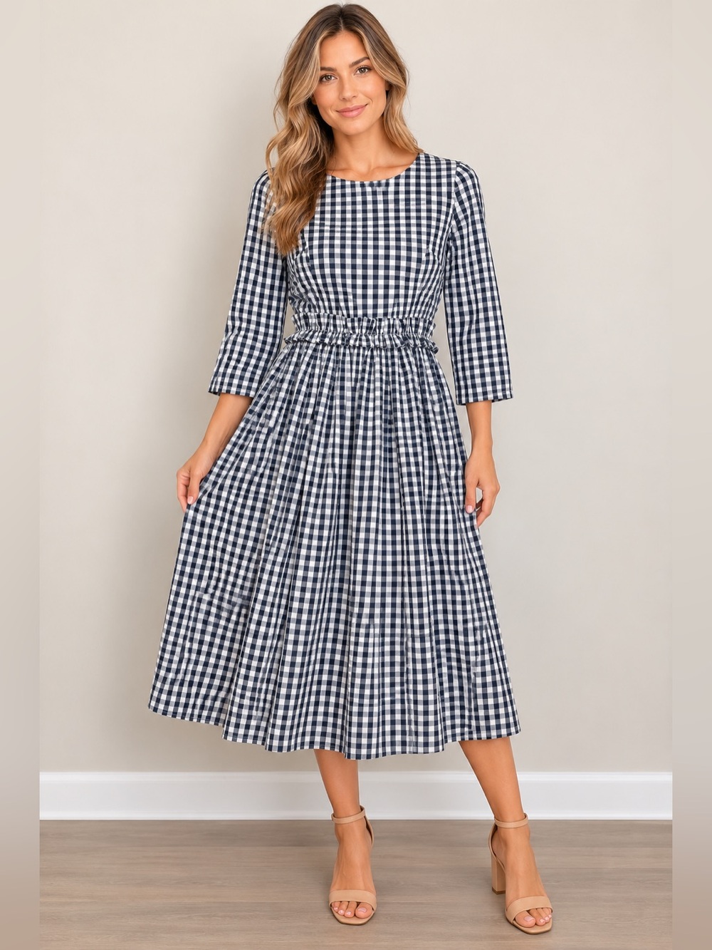Dainty Jewells Gingham Plaid Midi Dress Size S 100% Cotton Ruffle Waist Modest